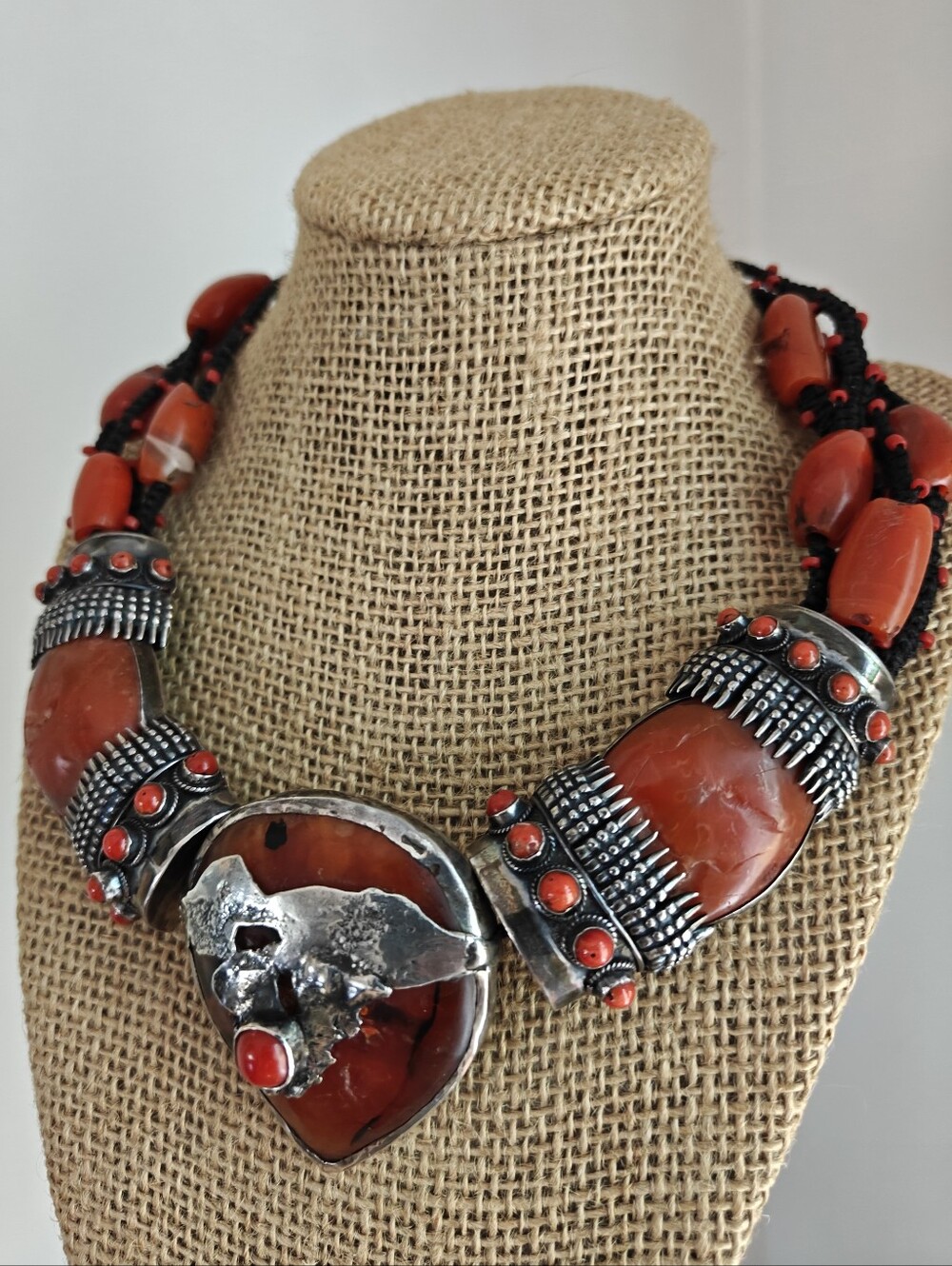 OOAK Eileen Coyne Sterling Silver, Carnelian & Genuine Coral Necklace